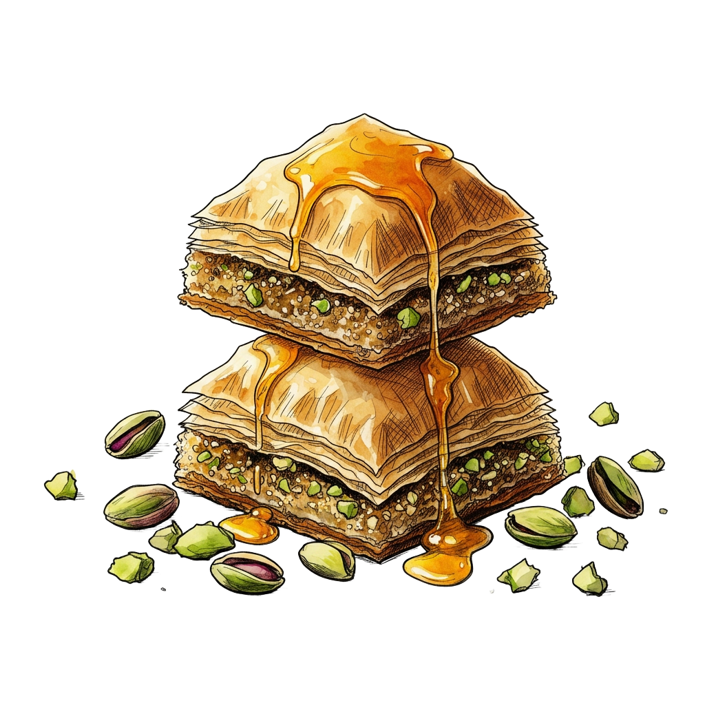 Gestapelte Baklava-Stücke mit glänzendem Sirup, Pistazien und Leinen