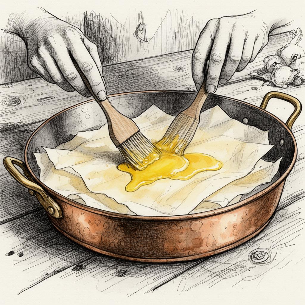 Hand pinselt geschmolzene Butter auf Filoteig in einer Kupferform