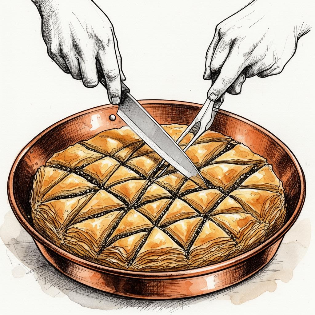 Scharfes Messer schneidet ein Rautenmuster in ungebackenes Baklava