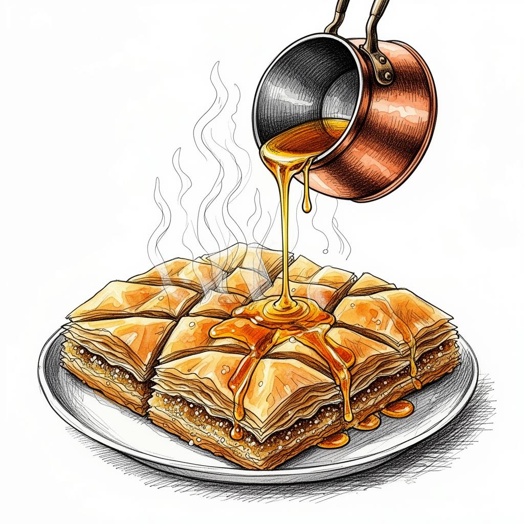 Goldener Sirup wird aus einem Kupfertopf über gebackenes Baklava gegossen